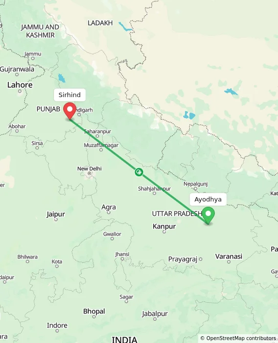 Route map showing distance and travel time from Ayodhya, India to Sirhind, India