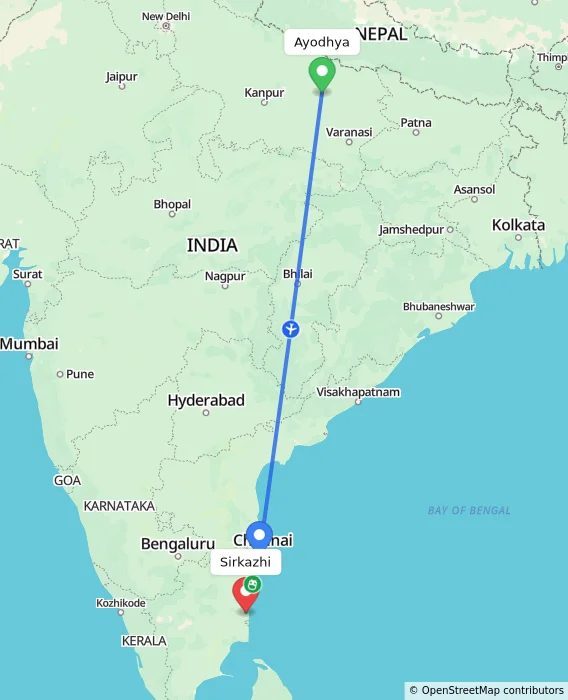 Route map showing distance and travel time from Ayodhya, India to Sirkazhi, India