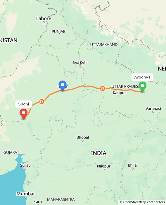 Route map showing distance and travel time from Ayodhya, India to Sirohi, India