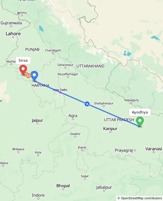 Route map showing distance and travel time from Ayodhya, India to Sirsa, India