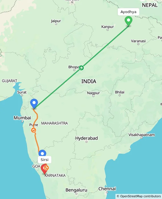Route map showing distance and travel time from Ayodhya, India to Sirsi, India
