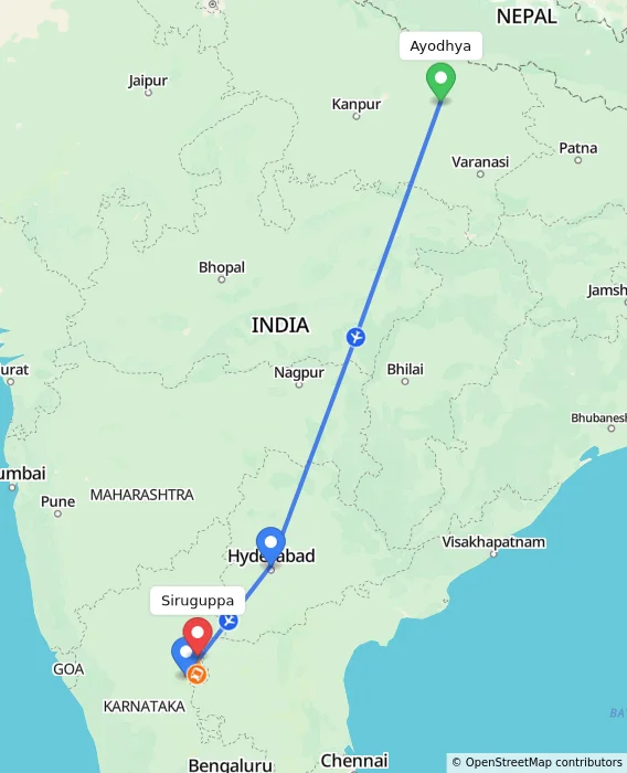 Route map showing distance and travel time from Ayodhya, India to Siruguppa, India