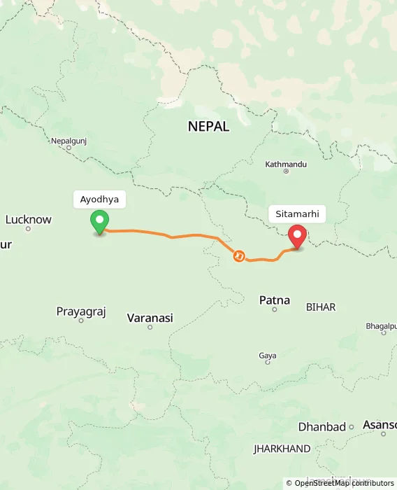 Route map showing distance and travel time from Ayodhya, India to Sitamarhi, India