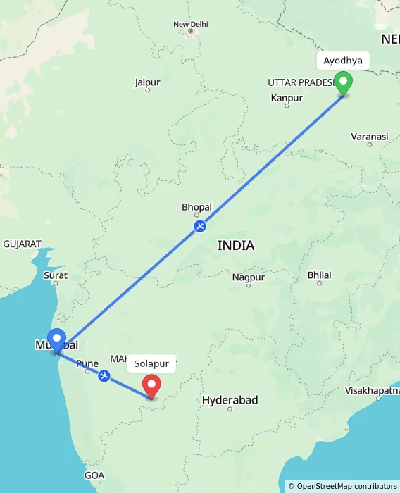 Route map showing distance and travel time from Ayodhya, India to Solapur, India