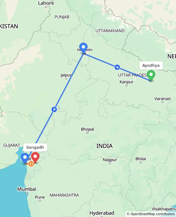Route map showing distance and travel time from Ayodhya, India to Songadh, India