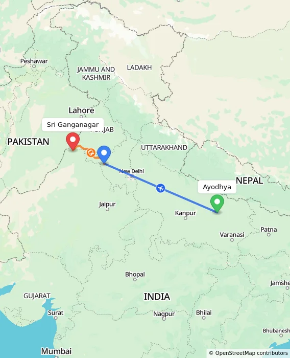 Route map showing distance and travel time from Ayodhya, India to Sri Ganganagar, India