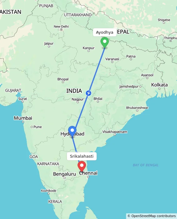 Route map showing distance and travel time from Ayodhya, India to Srikalahasti, India