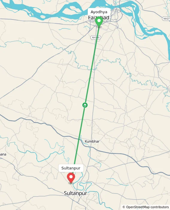 Route map showing distance and travel time from Ayodhya, India to Sultanpur, India