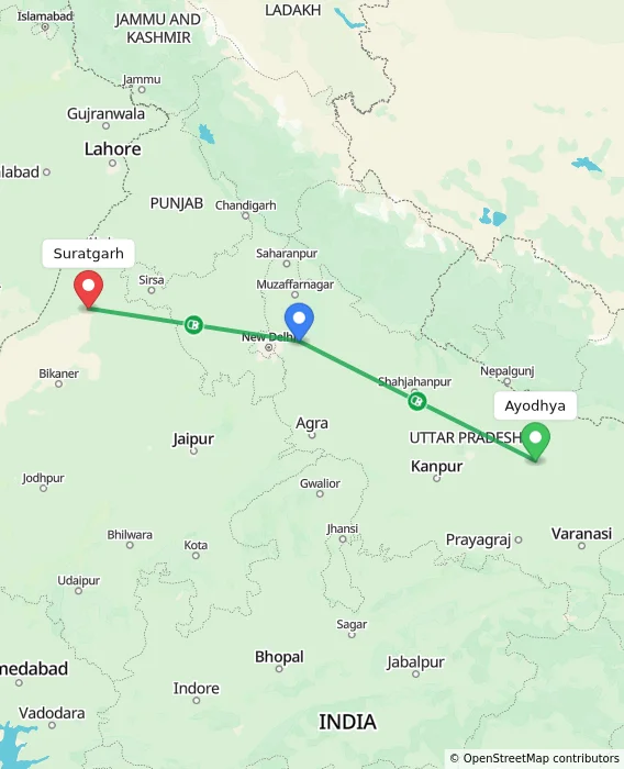 Route map showing distance and travel time from Ayodhya, India to Suratgarh, India