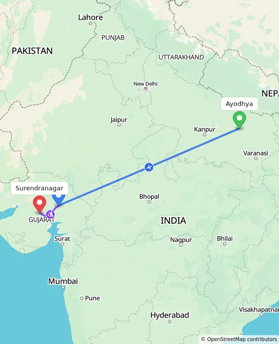 Route map showing distance and travel time from Ayodhya, India to Surendranagar, India