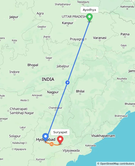 Route map showing distance and travel time from Ayodhya, India to Suryapet, India