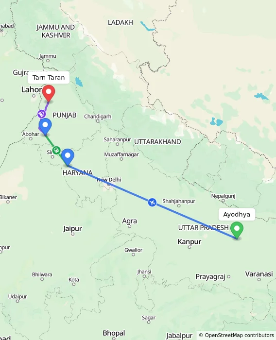 Route map showing distance and travel time from Ayodhya, India to Tarn Taran, India