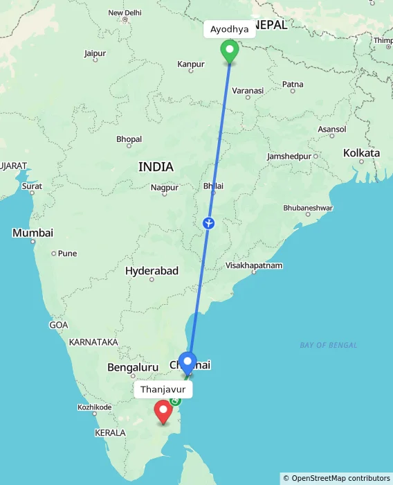 Route map showing distance and travel time from Ayodhya, India to Thanjavur, India