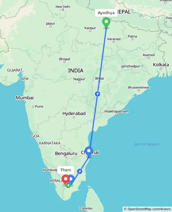 Route map showing distance and travel time from Ayodhya, India to Theni, India