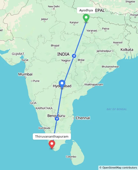 Route map showing distance and travel time from Ayodhya, India to Thiruvananthapuram, India