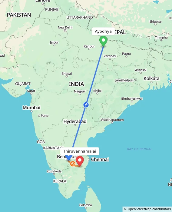Route map showing distance and travel time from Ayodhya, India to Thiruvannamalai, India