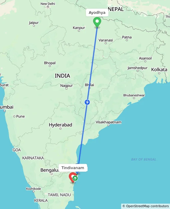 Route map showing distance and travel time from Ayodhya, India to Tindivanam, India