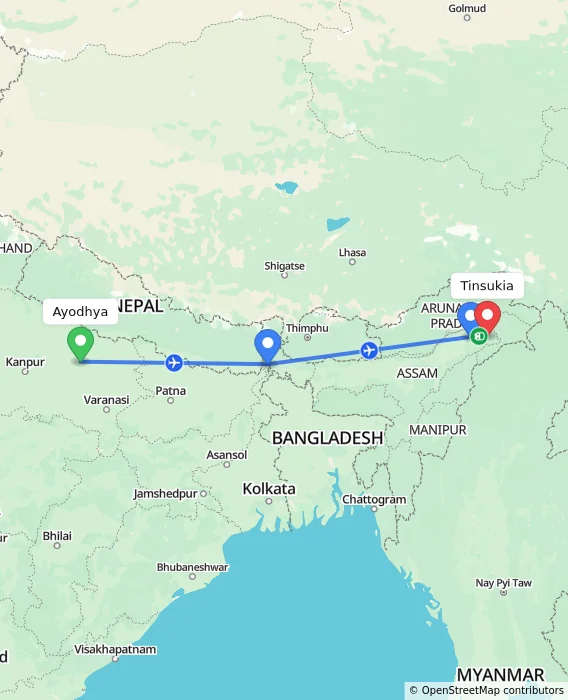 Route map showing distance and travel time from Ayodhya, India to Tinsukia, India