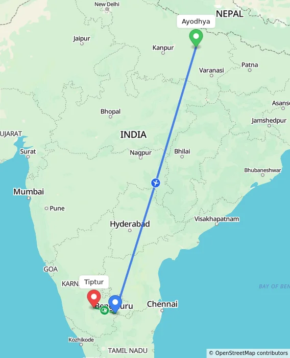 Route map showing distance and travel time from Ayodhya, India to Tiptur, India