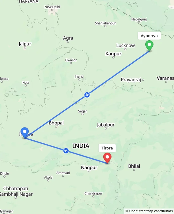 Route map showing distance and travel time from Ayodhya, India to Tirora, India