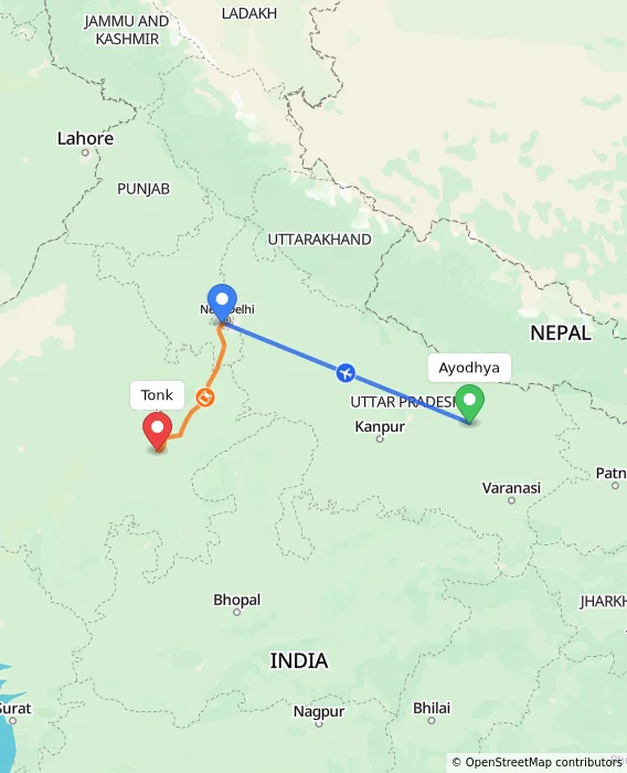 Route map showing distance and travel time from Ayodhya, India to Tonk, India