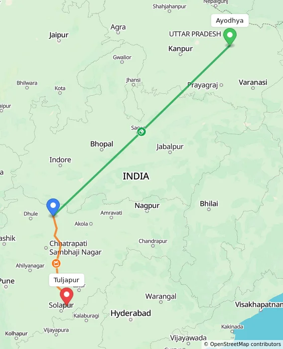 Route map showing distance and travel time from Ayodhya, India to Tuljapur, India