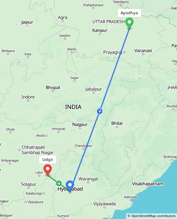 Route map showing distance and travel time from Ayodhya, India to Udgir, India