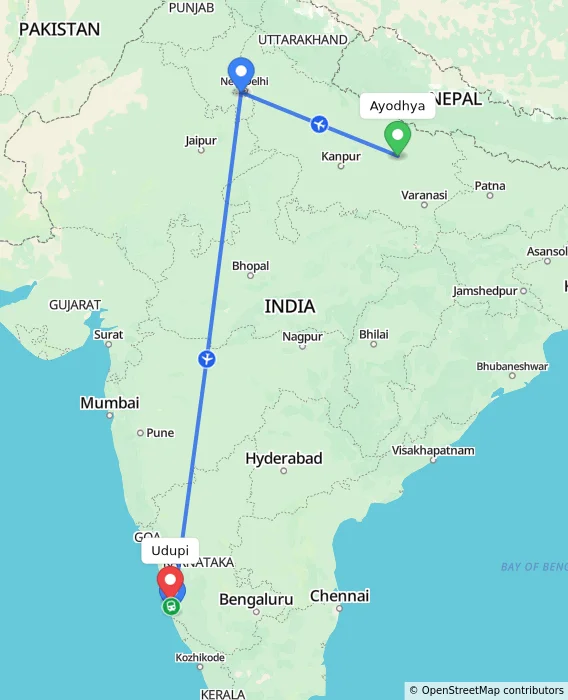 Route map showing distance and travel time from Ayodhya, India to Udupi, India