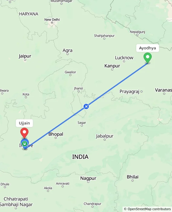 Route map showing distance and travel time from Ayodhya, India to Ujjain, India