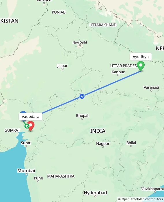 Route map showing distance and travel time from Ayodhya, India to Vadodara, India