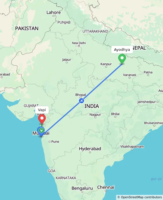 Route map showing distance and travel time from Ayodhya, India to Vapi, India