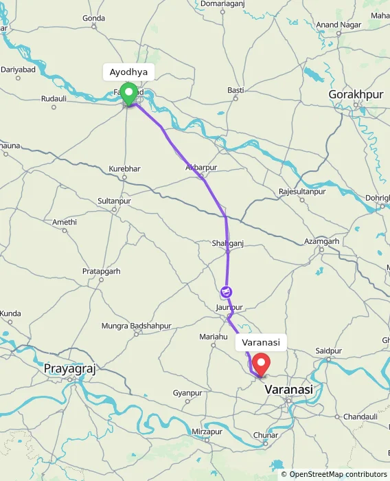 Route map showing distance and travel time from Ayodhya, India to Varanasi, India