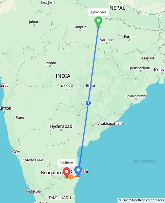 Route map showing distance and travel time from Ayodhya, India to Vellore, India