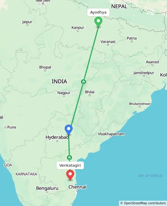 Route map showing distance and travel time from Ayodhya, India to Venkatagiri, India