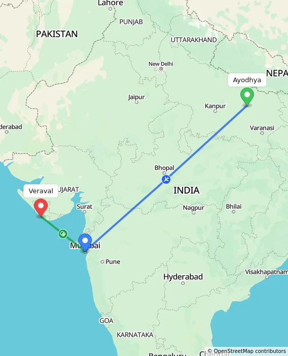 Route map showing distance and travel time from Ayodhya, India to Veraval, India