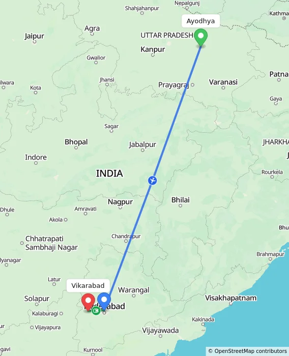 Route map showing distance and travel time from Ayodhya, India to Vikarabad, India