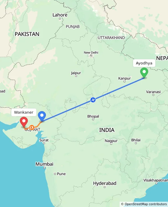 Route map showing distance and travel time from Ayodhya, India to Wankaner, India