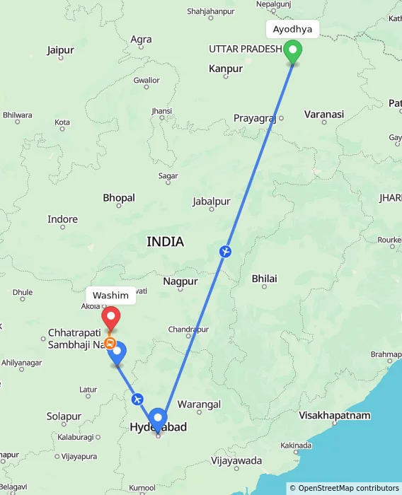 Route map showing distance and travel time from Ayodhya, India to Washim, India
