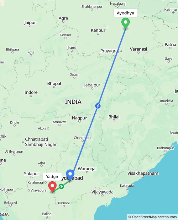 Route map showing distance and travel time from Ayodhya, India to Yadgir, India