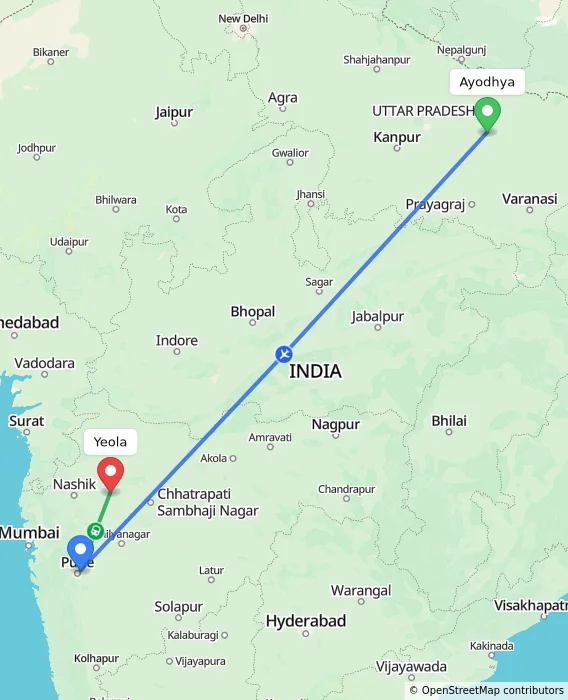 Route map showing distance and travel time from Ayodhya, India to Yeola, India