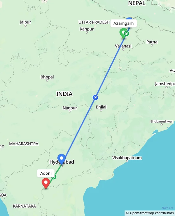 Route map showing distance and travel time from Azamgarh, India to Adoni, India