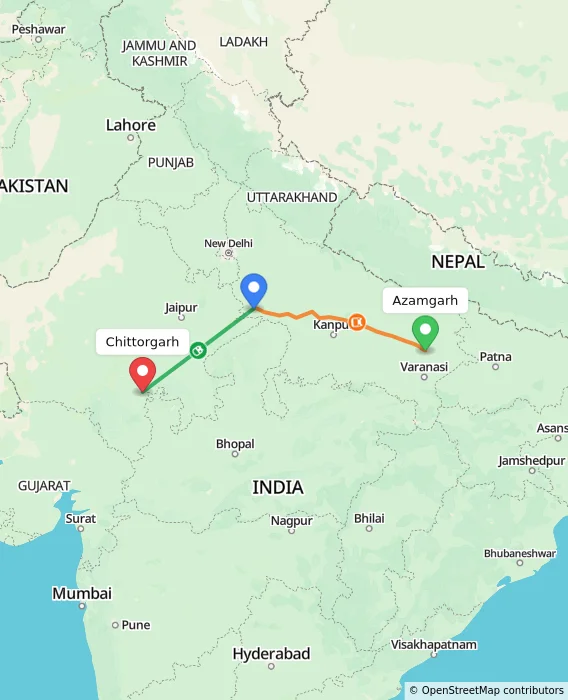 Route map showing distance and travel time from Azamgarh, India to Chittorgarh, India