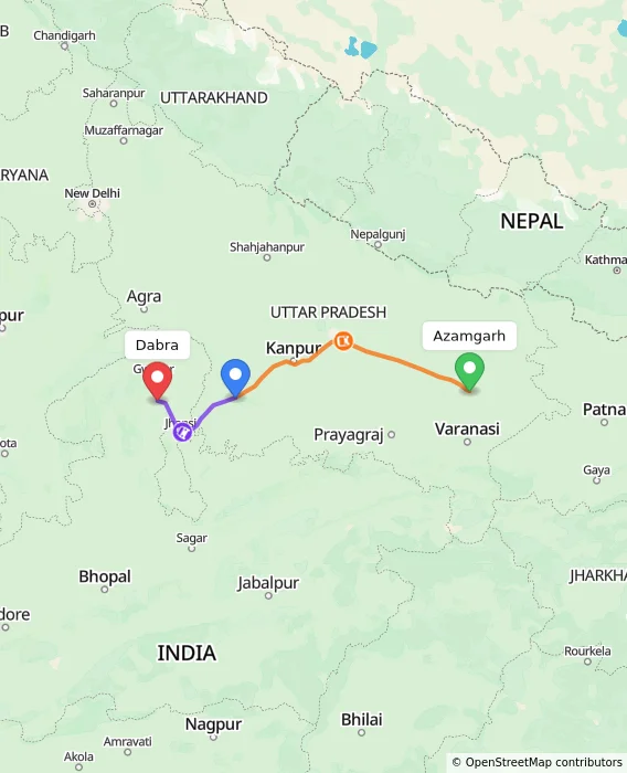 Route map showing distance and travel time from Azamgarh, India to Dabra, India