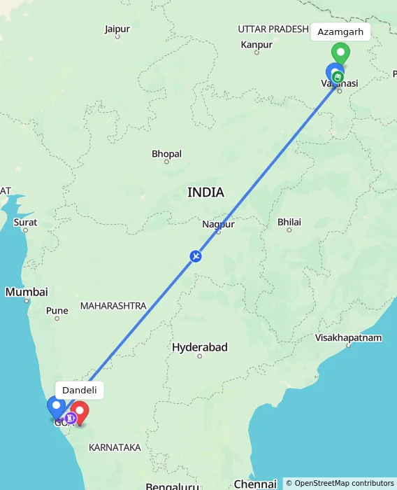 Route map showing distance and travel time from Azamgarh, India to Dandeli, India
