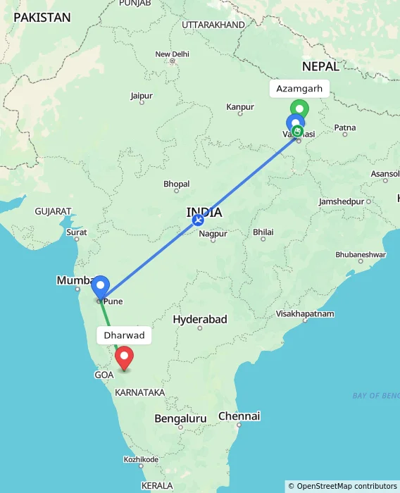 Route map showing distance and travel time from Azamgarh, India to Dharwad, India