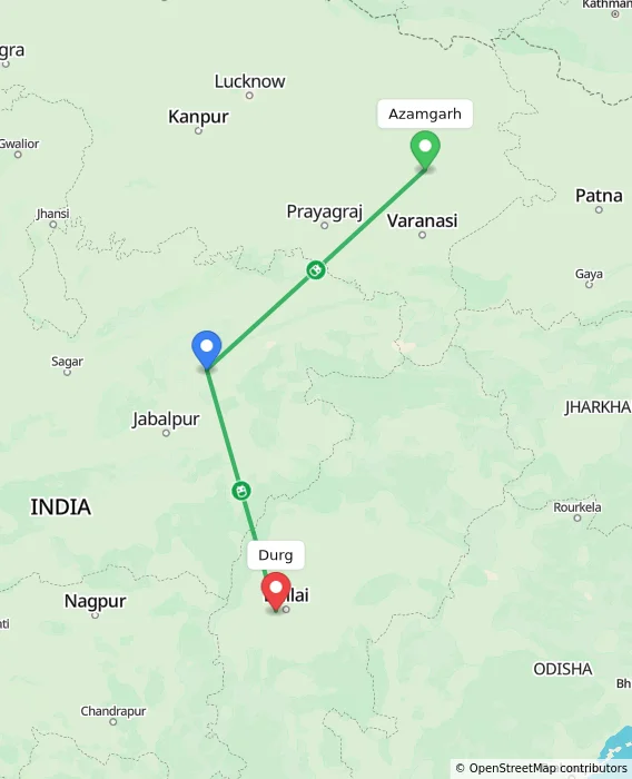 Route map showing distance and travel time from Azamgarh, India to Durg, India