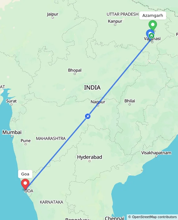 Route map showing distance and travel time from Azamgarh, India to Goa, India