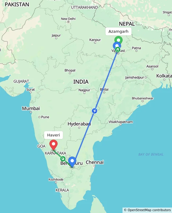 Route map showing distance and travel time from Azamgarh, India to Haveri, India