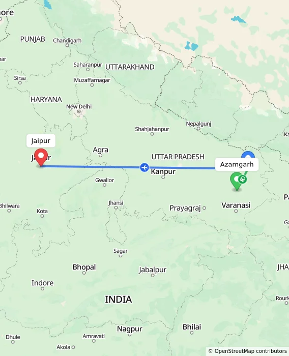 Route map showing distance and travel time from Azamgarh, India to Jaipur, India