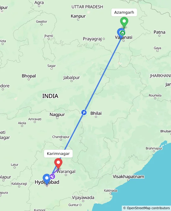 Route map showing distance and travel time from Azamgarh, India to Karimnagar, India